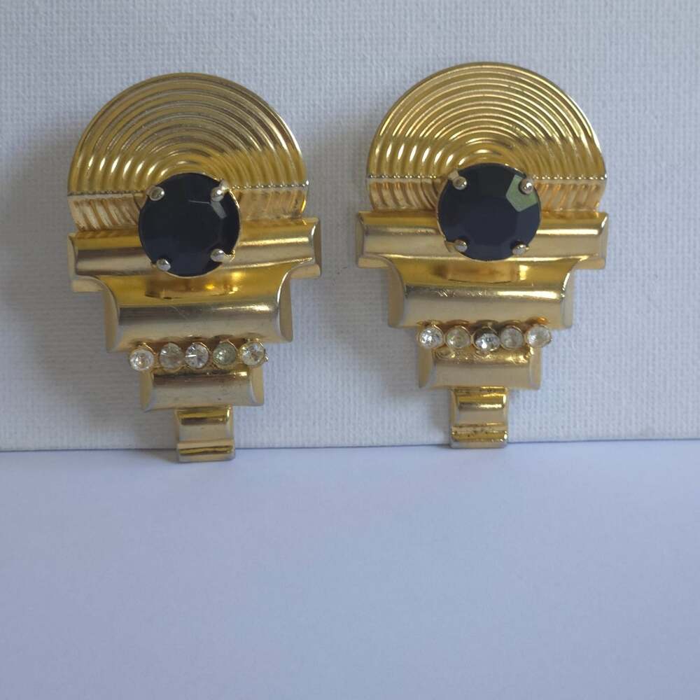 Vintage 1980s Artβ Deco Revival Clip On Earrings Gold Tone Black Rhinestone - Picture 2 of 8